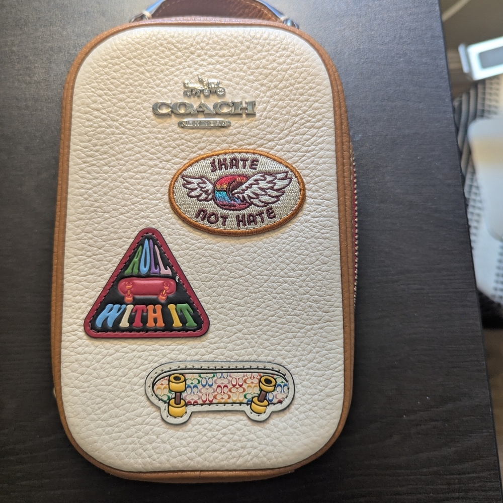 Coach Leather Eva White & Tan Crossbody Bag with Patches
